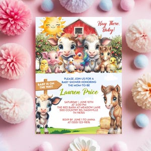 Farm Baby Shower Invite Editable Template, Barnyard Animals Red Barn Canva Invitation for Boy, Barn Baby Shower Invitation, Instant Download