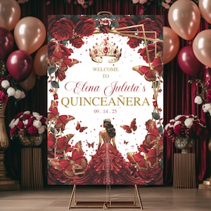 Quinceañera Party Sign, Editable Burgundy Red Gold Quinceañera Welcome Sign, Mis 15 Anos, Sweet Sixteen Decor, Mis XV Anos, Instant Download