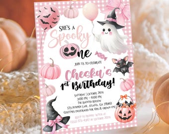 Spooky One Birthday Invitation Girl Editable, Pink Halloween Party 1st Birthday Party Invite, Cute Ghost Boo Day Digital Template Download