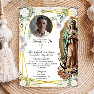 Spanish Catholic Funeral Invite, Virgen de Guadalupe Tarjeta Funebre, Funeral Invitation, Editable Memorial Card, En Memoria Amorosa Floral
