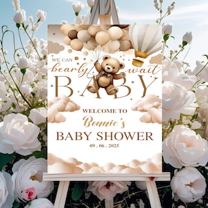 Teddy Bear Balloon Baby Shower Welcome Sign Template, We Can Bearly Wait Poster, Editable Bear Baby Shower Party Decor Neutral Boy Printable