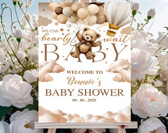 Teddy Bear Balloon Baby Shower Welcome Sign Template, We Can Bearly Wait Poster, Editable Bear Baby Shower Party Decor Neutral Boy Printable