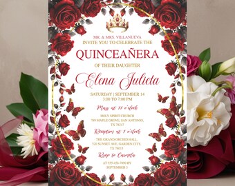 May include: A quinceañera invitation with a floral design. The invitation features a gold crown, red roses, and butterflies. The text reads "Elena Julieta" and includes event details such as the date, time, and location.