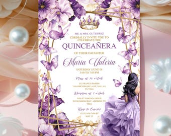 May include: Purple and gold Quinceañera invitation with a floral design and a crown. The invitation includes the text "MR. & MRS. GUTIERREZ CORDIALLY INVITE YOU TO CELEBRATE THE QUINCEAÑERA OF THEIR DAUGHTER Maria Valeria SATURDAY JUNE 08 3:00 TO 7:00 PM Mass at 10 o'clock ST. FRANCIS PARISH 7456 BIRCHWOOD LANE DALLAS, TX 75001 Reception at 1'clock VIOLET GARDEN VENUE 205 BLOSSOM WAY, ADDISON, TX 75001 Roop to Camor AT 555-456-7890 BY MAY 25"
