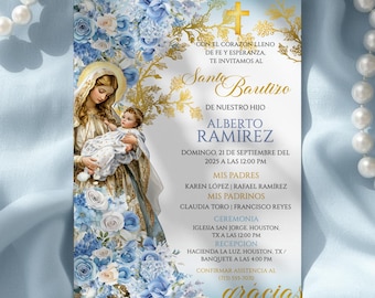 Editable Azul Virgen Mary Baptism Invitation Spanish, Niño Bautizo Digital Template, Mi Bautizo Invitación, Blue Christening Spanish Invite
