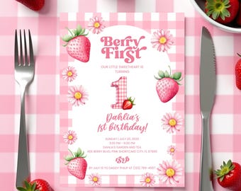 Berry Sweet Birthday Invitation, Editable Strawberry First Birthday Invite, 1st Birthday Template, Berry Sweet Birthday Instant Download