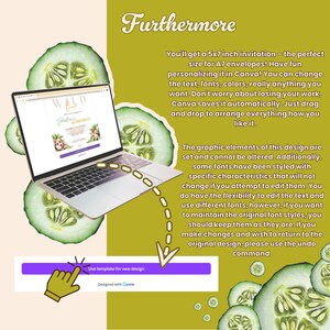 May include: A laptop screen shows a "Wild One" invitation template, with text and graphics. The image includes text that says "Furthermore" and "Use template for new design". The background features cucumber slices and a green and yellow colour scheme.