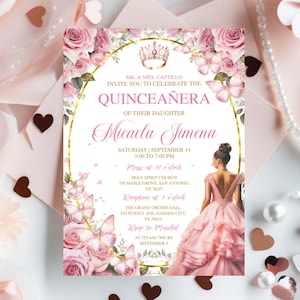 Soft Pink Quince Evite, Floral Quinceañera Invitation, Girl 15th Birthday, Flower Mis Quince Anos, Invitaciones De Quinceañera Gratis Rosa