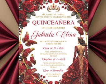 Burgundy Red Gold Quinceañera Invitation, Editable Butterfly Floral, Mis Quince Anos Party, Sweet 16 Tiara, Printable Invite Canva Template