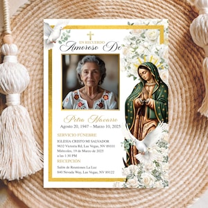 May include: A memorial card with a photo of a woman, framed by gold borders and floral accents. The card includes the text "En Recuerdo Amoroso De" and details of the memorial service, including the name Petra Navarro, dates, and location.
