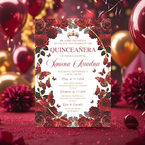 Invito Quinceañera rosso bordeaux e oro, farfalla floreale modificabile, modello Canva Mis Quince Anos 15° compleanno, Fiesta de Quinceañera