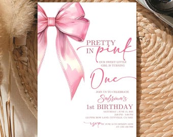 Pink Coquette Bow Invitation, Pink Coquette Bow Invitation, 1st Birthday Girl Invite, Editable Digital Download, Printable First Birthday