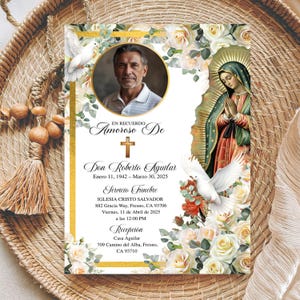 May include: A memorial card with a portrait of a man, a cross, and the Virgin of Guadalupe. The card is decorated with floral and dove imagery. Text includes the name "Don Roberto Aguilar" and service details.