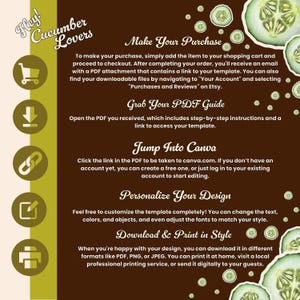 Peut inclure: Publicit&eacute; pour un produit num&eacute;rique avec un fond marron et des tranches de concombre. Le texte comprend "Hey! Cucumber Lovers" et des instructions pour l'achat, le t&eacute;l&eacute;chargement et la personnalisation d'un mod&egrave;le.
