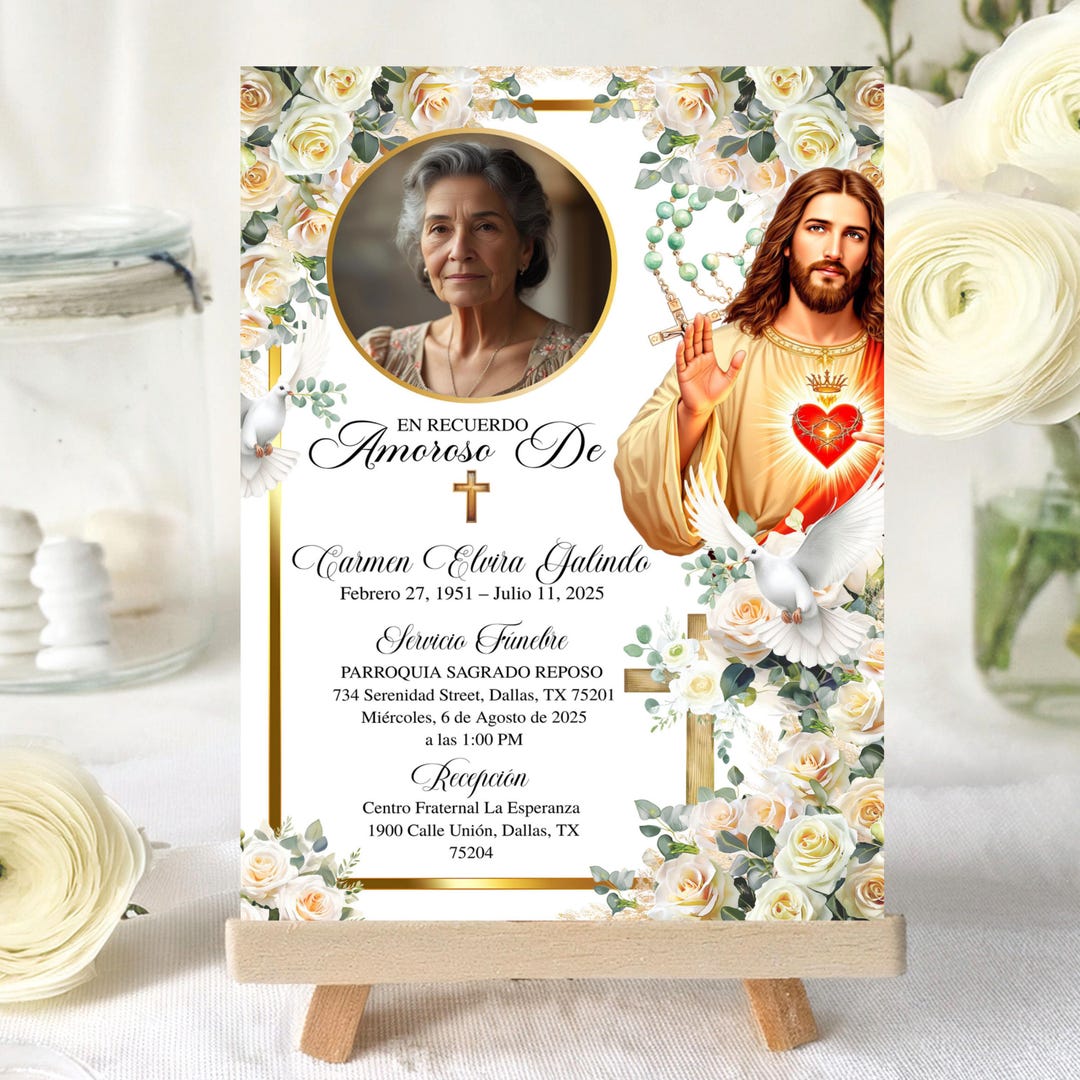 Invitación conmemorativa floral de Jesucristo, Español Jesús Cristo Tarjeta  Funebre, En Memoria Amorosa, Plantilla editable de invitación al funeral  católico - Etsy México, image size:1080x1080