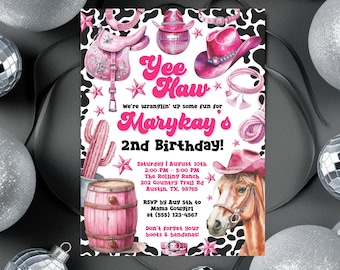 Printable Space Cowgirl Birthday Invitation, Editable Disco Cowgirl Birthday Pink Space Western Party Invite, Yee Haw Rodeo Digital Download