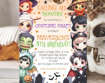 May include: Halloween party invitation with the text "Calling All Monsters!" and "Costume Party" to celebrate an 8th birthday. Features cartoon illustrations of costumed characters, bats, and tombstones.