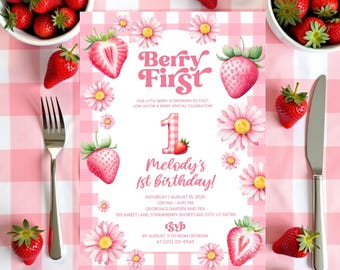Editable Strawberry Birthday Invitation, Berry First 1st Birthday Invite, Red Berry Sweet Party Template, Berry Sweet Birthday Invitation