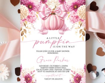 Modèle de toile d'invitation pour baby shower citrouille rose modifiable, une petite citrouille est sur le chemin modèle de toile d'invitation de baby shower d'automne, téléchargement numérique