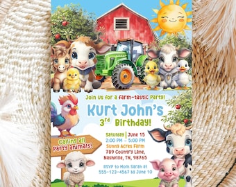Bauernhof Geburtstagseinladung bearbeitbare Vorlage, rote Scheunentiere Party einladen, Ranch-Geburtstag für Jungen, Barnyard-Geburtstag, Geburtstagskind Farm
