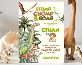 Bewerkbare dinosaurusverjaardagsuitnodiging, Dino Adventure Party, T-Rex Party, Jurassic Party Invite, brullende dinosaurusverjaardag, Canva-sjabloon