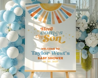 Editable Sunshine Baby Shower Welcome Sign for Boy, Here Comes the Son Welcome Sign Poster, Modern Boho Sun Decor Sign, Instant Download PDF