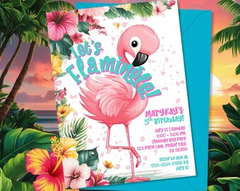 Modello modificabile per invito di compleanno a tema fenicottero, compleanno Aloha Luau, invito per festa a tema fenicottero, download digitale tropicale, stampabile per qualsiasi età
