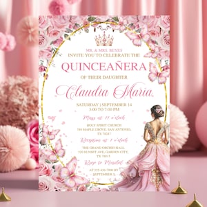 Rose Gold Tiara Quinceañera Invitation, Pink Floral, Editable Mis Quince Anos, 15th Birthday Party Invite Template, Pink Butterfly Evite