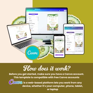 Peut inclure: Pr&eacute;sentation d'un mod&egrave;le de design num&eacute;rique sur un ordinateur portable, un &eacute;cran d'ordinateur, une tablette et un smartphone. Le design affiche le mot "WILD" avec des illustrations de feuillage tropical et d'animaux. Le logo Canva est visible, ainsi que du texte explicatif.