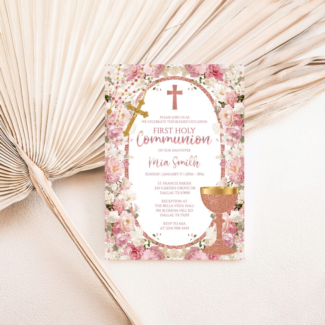 Pink Gold Floral First Holy Communion Invitation, Girl Communion ...