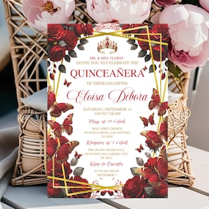 Red and Gold Quinceañera Invite, Editable Butterfly Floral, Mis Quince Anos Template, Fiesta de Quinceañera, 15th Birthday, Instant Download