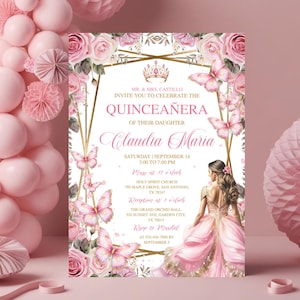 Rose Gold Quinceañera Invite, Pink Floral, Editable Butterfly Template, Mis Quince Anos, Sweet 16 Birthday Girl Tiara, Girl 15th Birthday