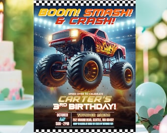 Editable Monster Truck Birthday Invitation, Monster Jam Invitation, Trucks Party Template, Monster Truck Birthday Bash Digital Invitation