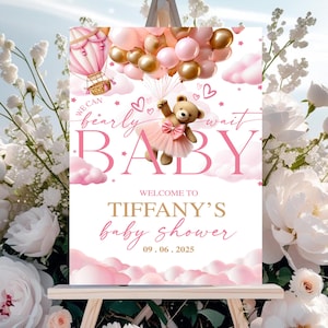 Bearbeitbar Wir können Bearly Girl-Babyparty-Willkommensschild warten, Teddybär-Ballonplakat-Zeichen, rosa Boho-Bär-Duschedekor, sofortiger Download