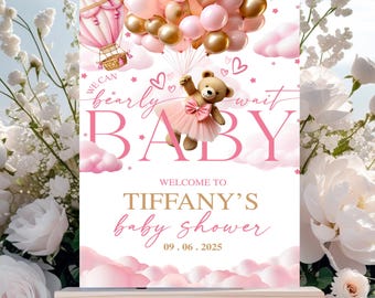 Bearbeitbar Wir können Bearly Girl-Babyparty-Willkommensschild warten, Teddybär-Ballonplakat-Zeichen, rosa Boho-Bär-Duschedekor, sofortiger Download