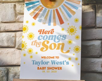 Boho Sunshine Baby Shower Welcome Sign, Editable Here Comes the Son Welcome Sign Poster, Retro Sun Boy Decor Welcome Sign, Instant Download