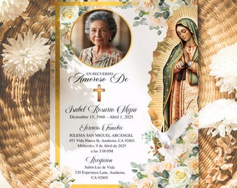 Tarjeta Fúnebre Española, Funeral Invitation, Celebración de Vida, Virgen de Guadalupe Invitación, Canva Plantilla Memorial Rápida y Fácil