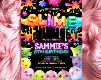 Editable Slime Party Birthday Invitation Template, Neon Glow Slime Invite, Glitter Slime Time, Canva Template, DIY Printable, Slime Party