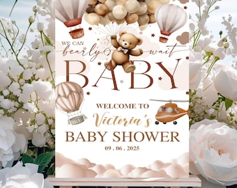 Editable Teddy Bear Baby Shower Welcome Sign, We Can Bearly Wait Balloon Poster, Boho Brown Bear Party Decor, Neutral Baby Shower Template