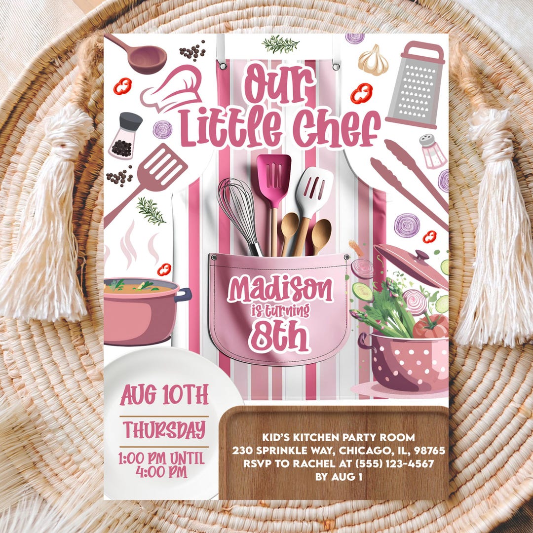 Kids Cooking Birthday Invitation, Editable Pink Baking Party Invite ...