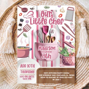 Kids Cooking Birthday Invitation, Editable Pink Baking Party Invite, Our Little Chef Template, Let&#39;s Cook Up Some Fun, Instant Download