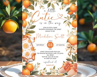 Editable Cutie Baby Shower Invitation, Little Cutie Baby Shower Template, Editable Orange Greenery Invite, A Little Cutie Is On The Way Baby