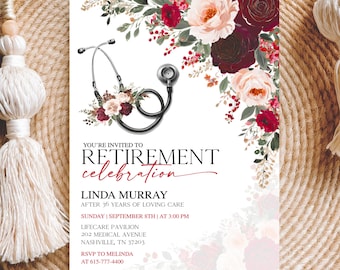 Nurse Retirement Party Invite Template Red Theme, Editable Doctor Retirement Invitation, Modern Healthcare Celebration Digital Download