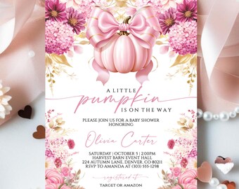 May include: A baby shower invitation featuring a pink pumpkin with a bow, surrounded by pink and purple flowers. The text reads "A Little Pumpkin is on the Way" and includes event details and the name Olivia Carter.