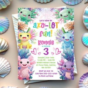 Cute Axolotl Birthday Party Invite, Editable Girl Birthday Invitation Template, Under the Sea Ocean Theme, Alotl Fun, Instant Download Canva