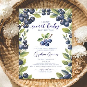 Editable Blueberry Baby Shower Invitation, Berry Sweet Baby is on the Way Invitation, Gender Neutral Summer Sprinkle Party, Instant Download