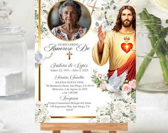 Editable Catholic Funeral Invitation, Spanish Jesus Christ Memorial Invitation, En Memoria Amorosa, Jesus Christ Floral Memorial Invitation