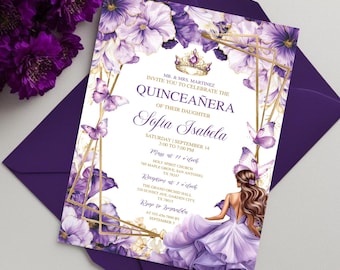 May include: A quinceañera invitation with a purple and gold floral design. The invitation features the text "Sofia Isabela" and event details. Butterflies and a crown are also included in the design. The invitation is placed on a purple envelope.