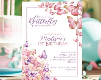 Flutter Butterfly Birthday Invitation Girl, Butterfly Birthday Party Editable Butterfly Party Invite Pastel Garden Theme Invitation Template