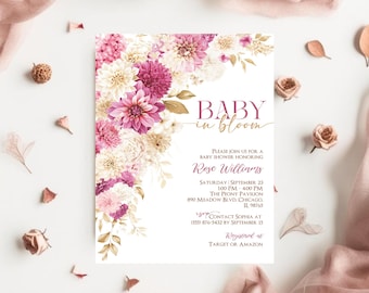 May include: A baby shower invitation with a floral design in shades of pink and white. The text reads "Baby in Bloom" and "Please join us for a baby shower honoring Rose Williams". The invitation includes the date, time, and location of the shower, as well as the registry information.